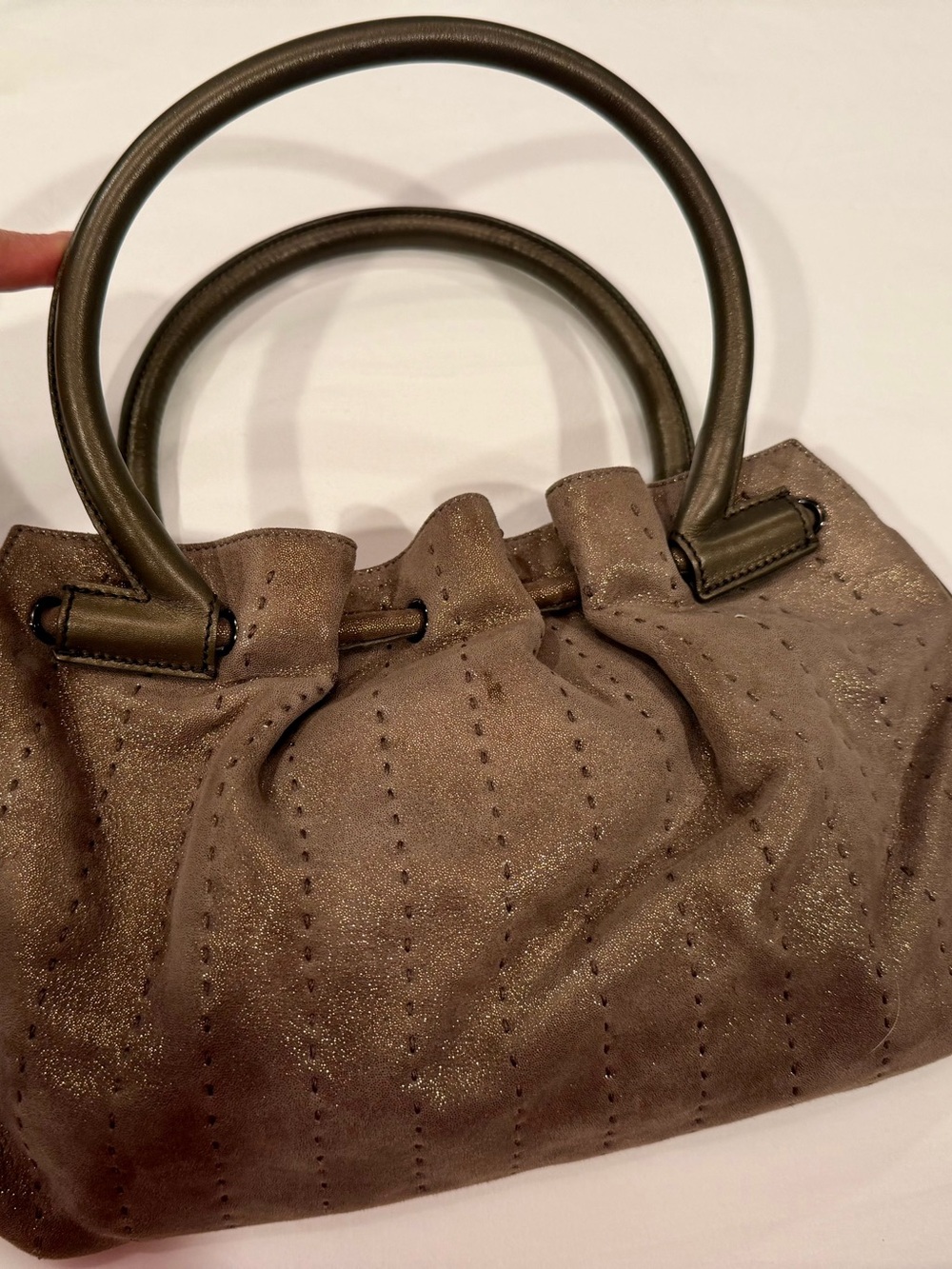 Brown Textured Leather Handbag with Round Handles